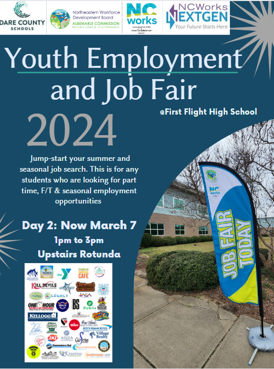 Due to inclement weather and schools closing, today's job fair has been rescheduled to Thursday from 1pm-3pm in the upstairs rotunda.  The NCWorks Professional Resource Center will open at noon.  #BetterSkillsBetterJobs @CTEforNC @FirstFlightHigh @FFNighthawkNews