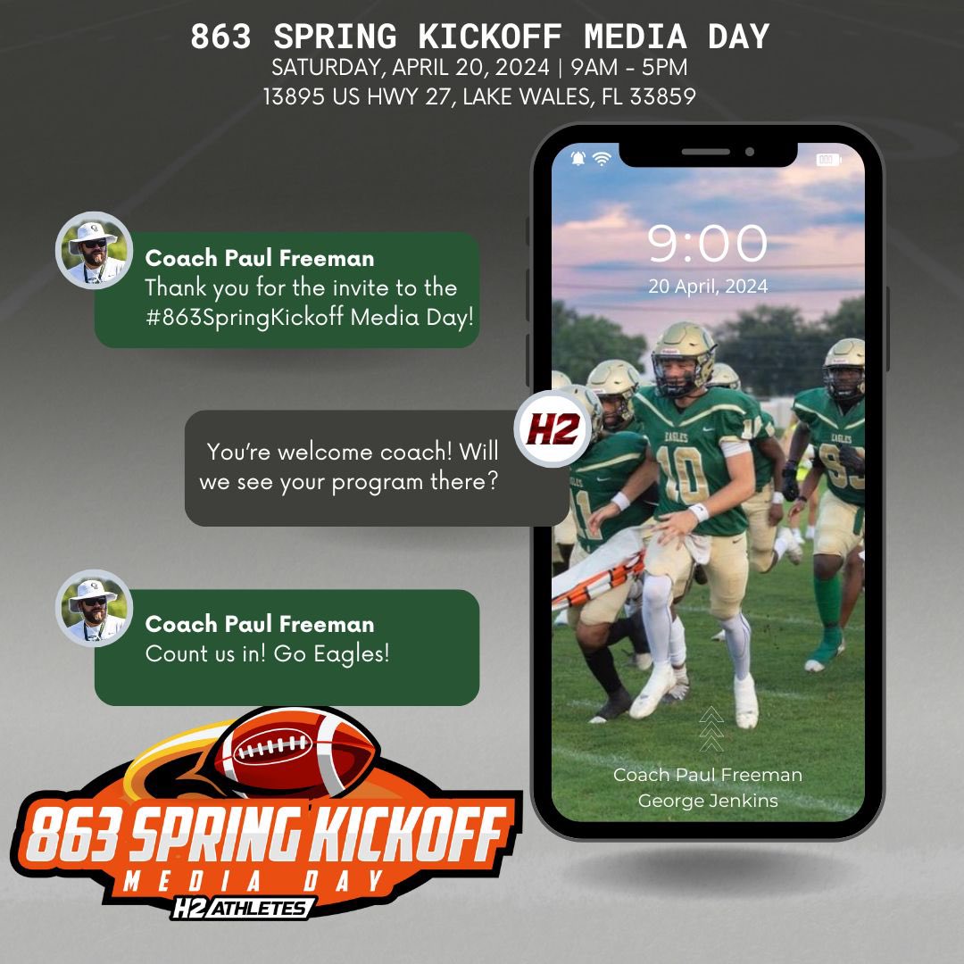 🔒🆙✅ CONFIRMED Looking forward to seeing and hearing from @CoachPFree and @GJHS_Football at the #863SpringKickoff Media Day presented by @H2Athletes Saturday, April 20, 2024 at Warner University in Lake Wales, FL. @Cam_Turner10 @yourboybigrob @itsmeekman @ZephaniahRoger5