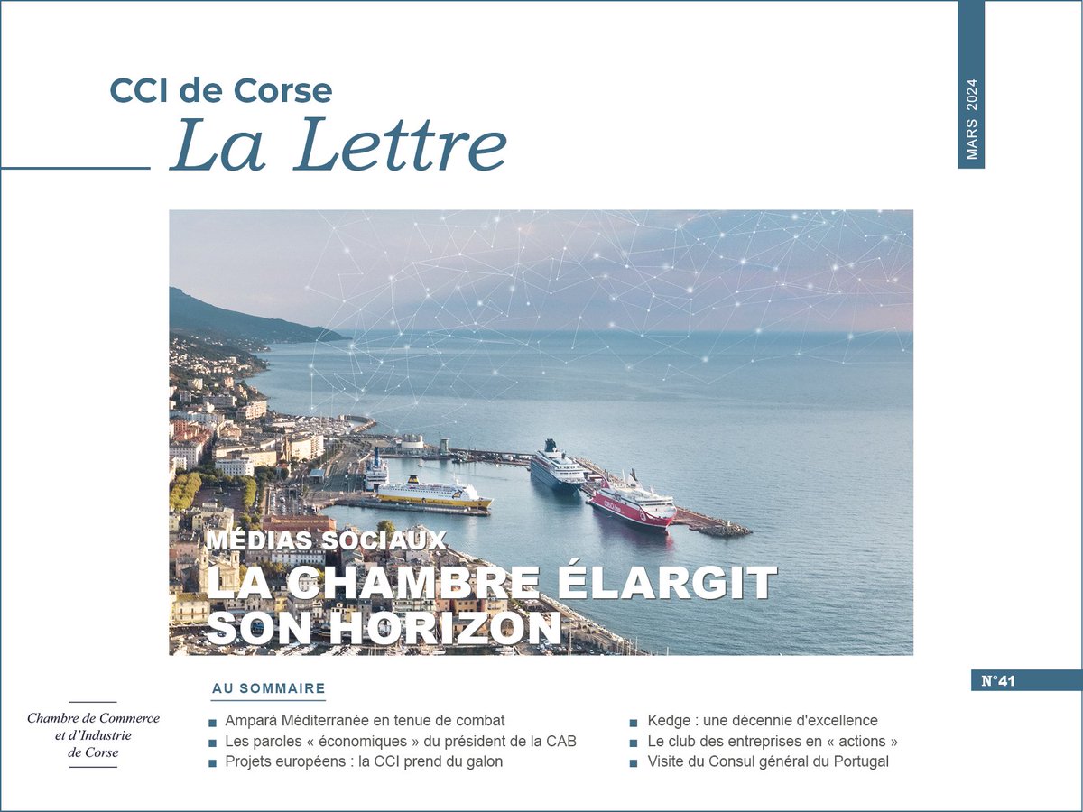 Le Lettre ✒️ mars 2024 - n°41 | Nouveaux horizons 🌞 
Découvrez les nouvelles actualités de la CCI de #corse 
La nouvelle édition de La Lettre est à consulter ici 👉🏻calameo.com/read/006340018…

🌟 Sous le thème de la formation haut de gamme, cette édition met en lumière la marque