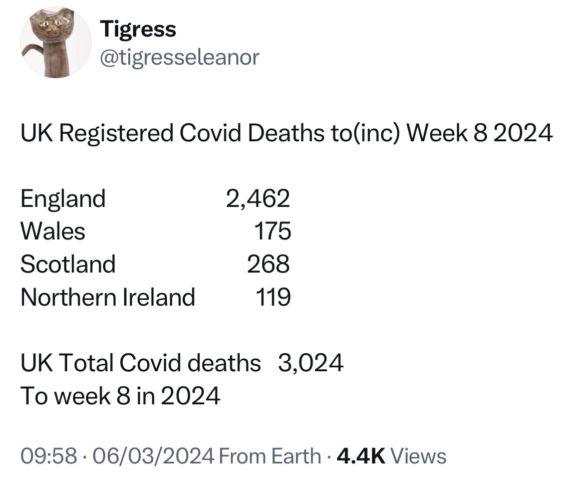 Saffiya_Khan1's tweet photo. There’s been 3024 Covid deaths in the U.K. in the first 8 weeks of 2024. 

That’s the equivalent of approx 20,000 Covid deaths for the year if the trend continues in 2024.

Many thousands more will develop long Covid. Chronic illness is at record levels.

The pandemic isn’t over. https://t.co/MHE3ihmhpj