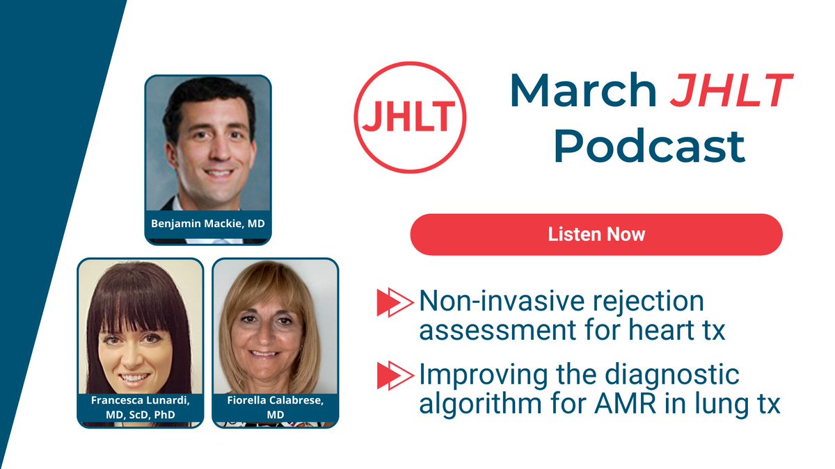 TheJHLT's tweet photo. March's #JHLTThePodcast explores 2 studies feat. methodologies for diagnosing/monitoring rejection - one in #LungTxp presented by Fiorella Calabrese and @FrancescaLunar5 of @UniPadova, and one in #HeartTxp from Benjamin Mackie of @TGHCares. 
Listen now: https://t.co/v2Zj3nwSgf https://t.co/phARGA7cgq
