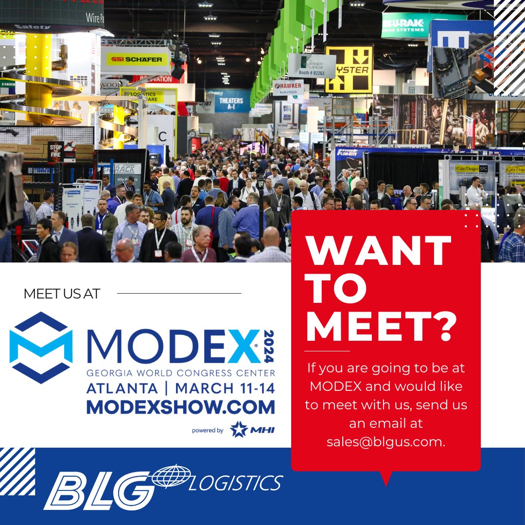 BLGLogisticsUS's tweet photo. 🚀 BLG Logistics, Inc. is participating in MODEX 2024 in Atlanta from March 11-14. 🌐

If you would like to schedule a meeting with our expert team of logistics professionals, please send an email to sales@blgus.com. See you at Modex! 🌟  
 
#BLGLife #MODEX2024 #LogisticsExperts https://t.co/aY9P9gcsLJ