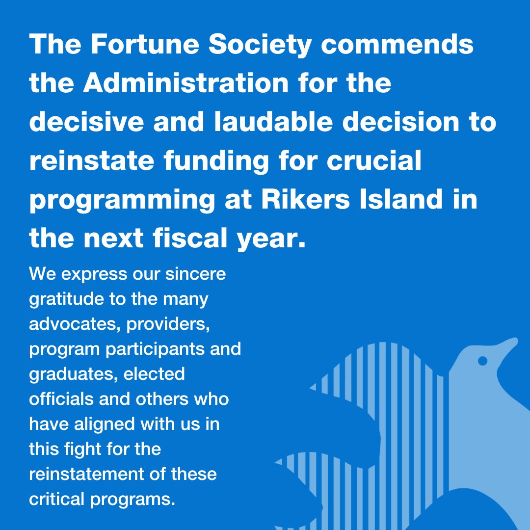 On Monday, the Adams administration announced its plan to mostly restore funding to critical, nonprofit-provided programming for individuals held on Rikers Island.
Read the full statement: 
fortunesociety.org/media_center/t…
