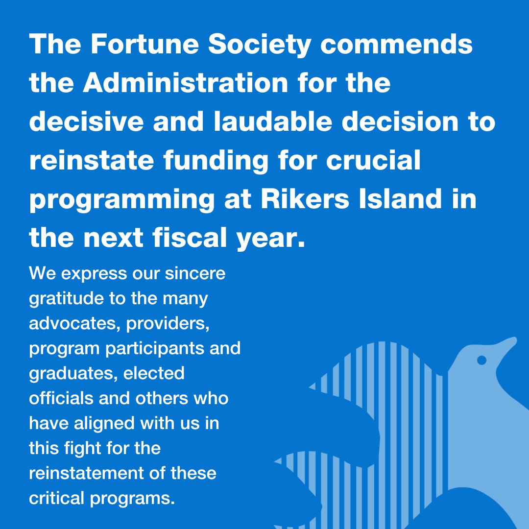 On Monday, the Adams administration announced its plan to mostly restore funding to critical, nonprofit-provided programming for individuals held on Rikers Island. Read the full statement: fortunesociety.org/media_center/t…