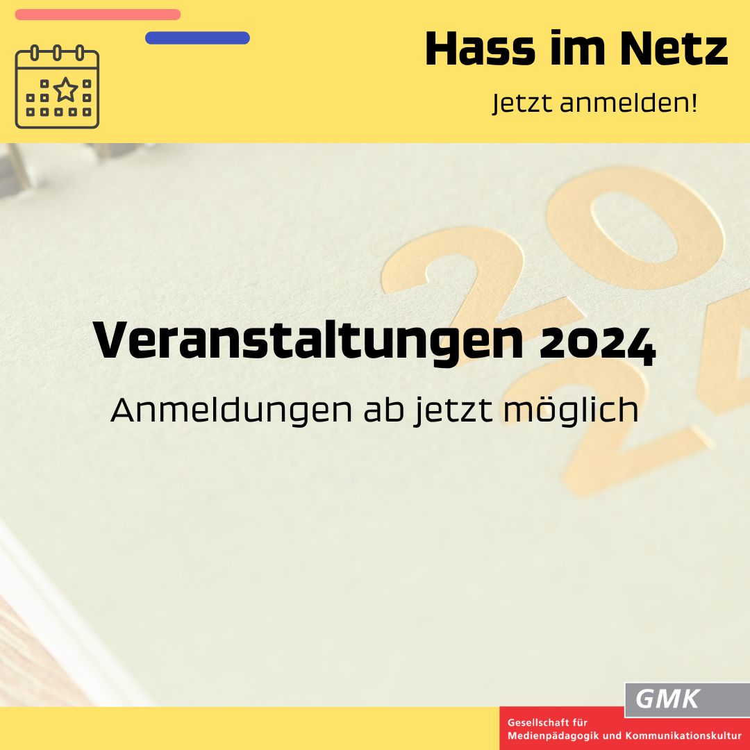 Auch in diesem Jahr freut sich unser Hass im Netz Team darauf, verschiedene Veranstaltungen für die (medien-)pädagogische Community anzubieten. 
Schaut vorbei und klickt euch durch!

hass-im-netz.gmk-net.de/veranstaltunge…