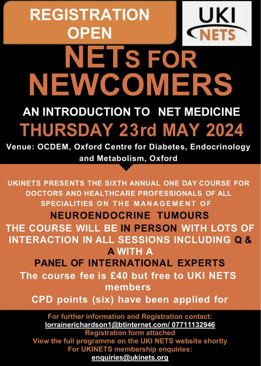 NETs for Newcomers - register now! Thur 23 May - Oxford. Full programme now available. To view this, and to register, please visit our website: ukinets.org/education/ #netsfornewcomers24 #LetsTalkAboutNETS