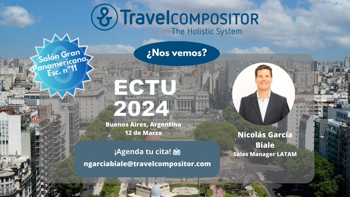TravelC_online's tweet photo. ¡Próxima semana en #ECTU2024! 🎉
Nuestro Sales Manager en LATAM, Nicolás Garcia Biale estará encantado de mostraros las últimas novedades del sistema. 🚀
➡ Agenda tu cita: ngarciabiale@travelcompositor.com 📩
#TravelTech #ECTU #BuenosAires #Innovation https://t.co/bmW8dyrpgq