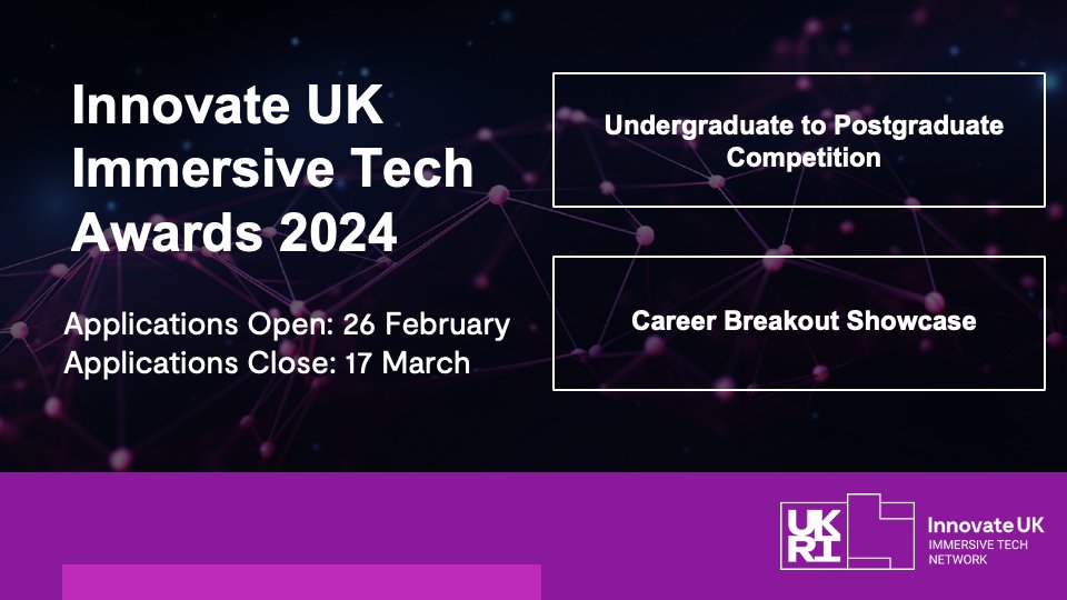 Not long left to apply for the #IUKImmersiveTechAwards 1 - Undergraduate-Postgraduate Competition 2 - Career Breakout Showcase Info: iuk.ktn-uk.org/events/2024-in… Apply: awards.immersivetechnetwork.org 4 internships available with: @Arup @SoluisGroup @theCentre @AngliaRuskin @Arcade_XR