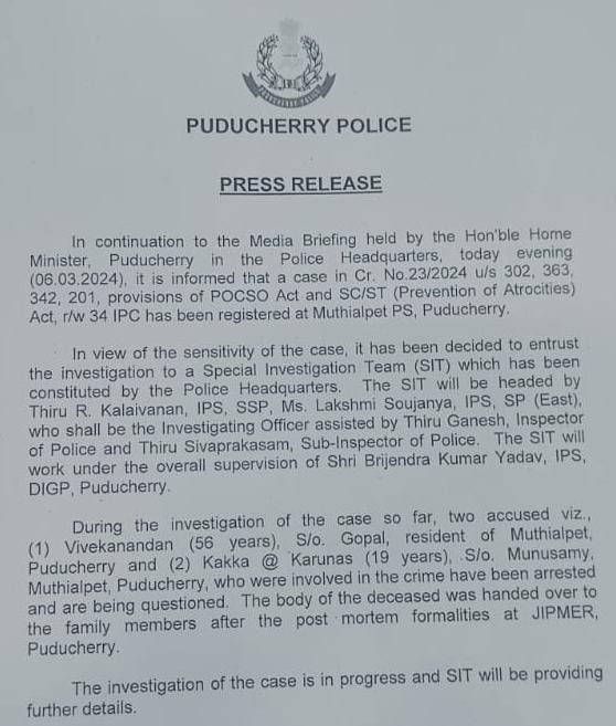 TnNewsvision's tweet image. புதுச்சேரியில் சிறுமி பாலியல் வன்கொடுமை செய்யப்பட்டு உயிரிழந்த சம்பவத்தில் கைது செய்யப்பட்ட இருவர் மீது வன்கொடுமை தடுப்பு சட்டத்திலும் வழக்குப் பதிவு  

#Puducherry #ChannelVision