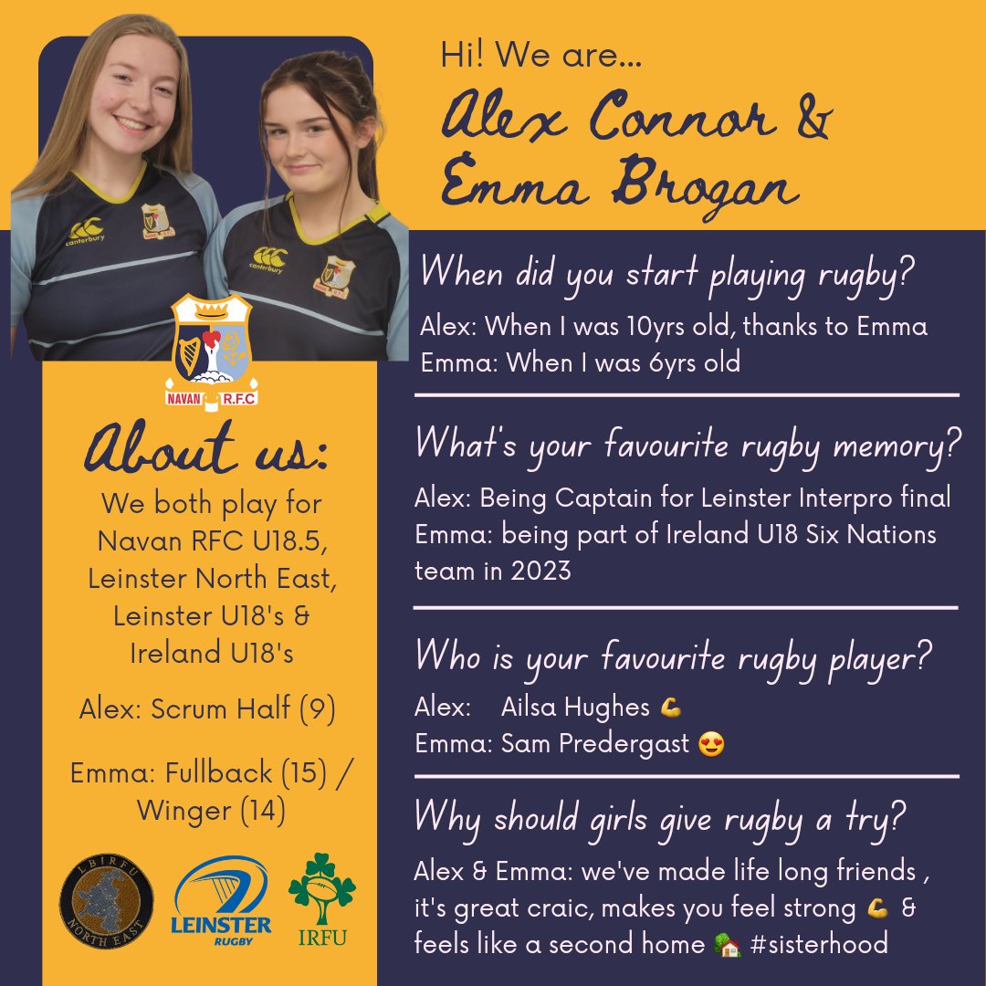 To celebrate #internationalwomensday we would like to introduce you to Alex & Emma, from our U18.5 Girls team, who have had phenomenal success not only as Navan RFC players but for Leinster North East, Leinster & Ireland. 🫶💪 #WomenOfLeinsterRugby #rugbygirls