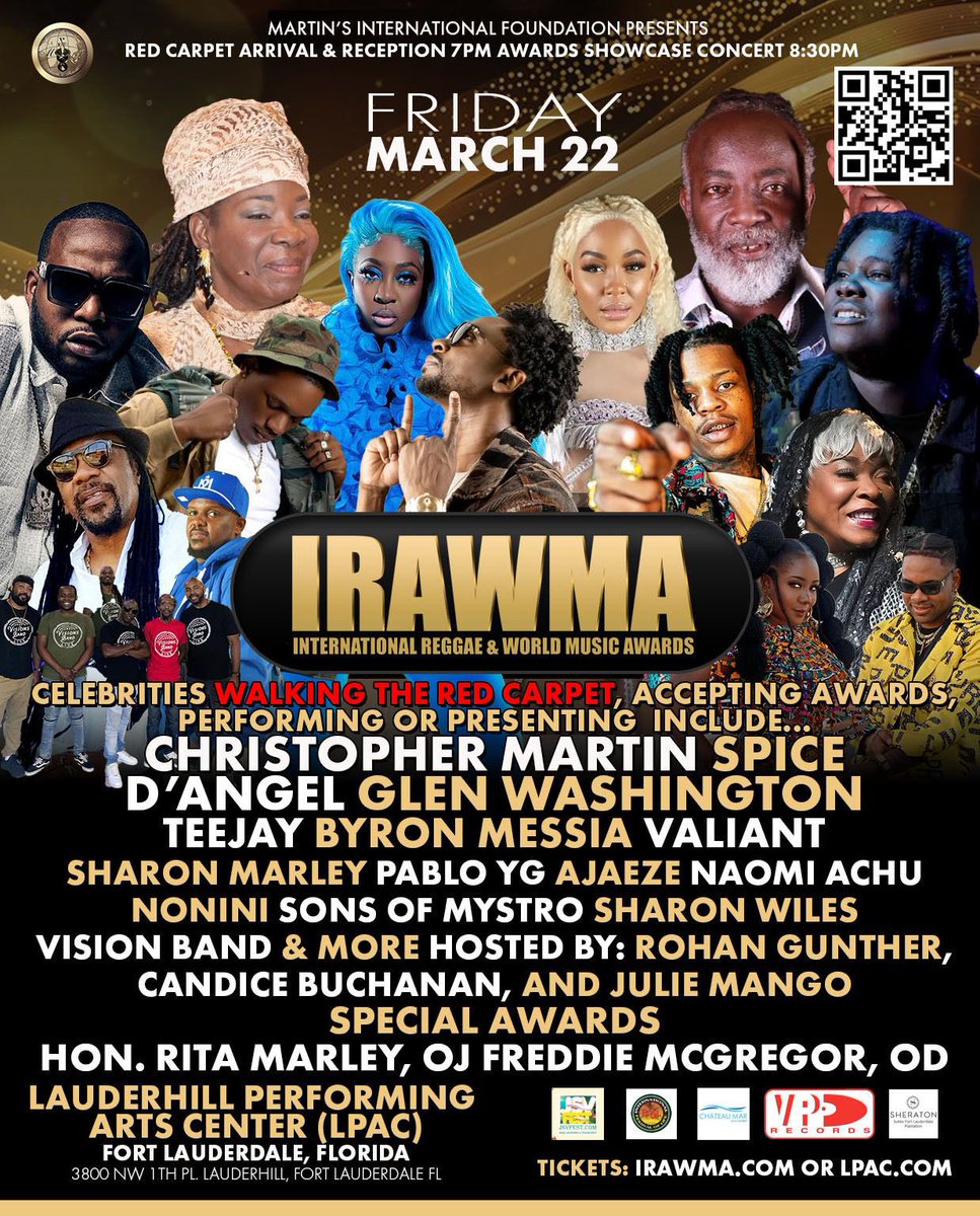 March 22, 2024 reggae and world music stars come out in Fort Lauderdale Florida. GET TICKETS NOW 41st International Reggae and World Music Awards IRAWMA.com #IRAWMA #Awards #Performance #LiveMusic #Reggae