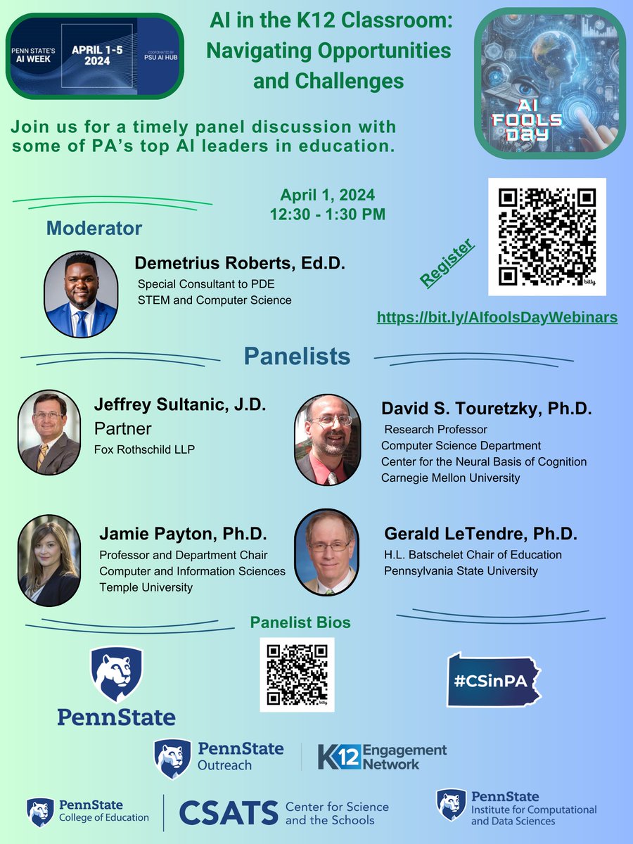 pennstateCSATS's tweet image. 👉🧑‍💻#K12 #HigherEd #AI #CS4All Join us for an impactful week (4/1 - 4/5) of deep exploration of AI in education, research, and industry. 💥Explore more &amp;gt; bit.ly/3wB7T82