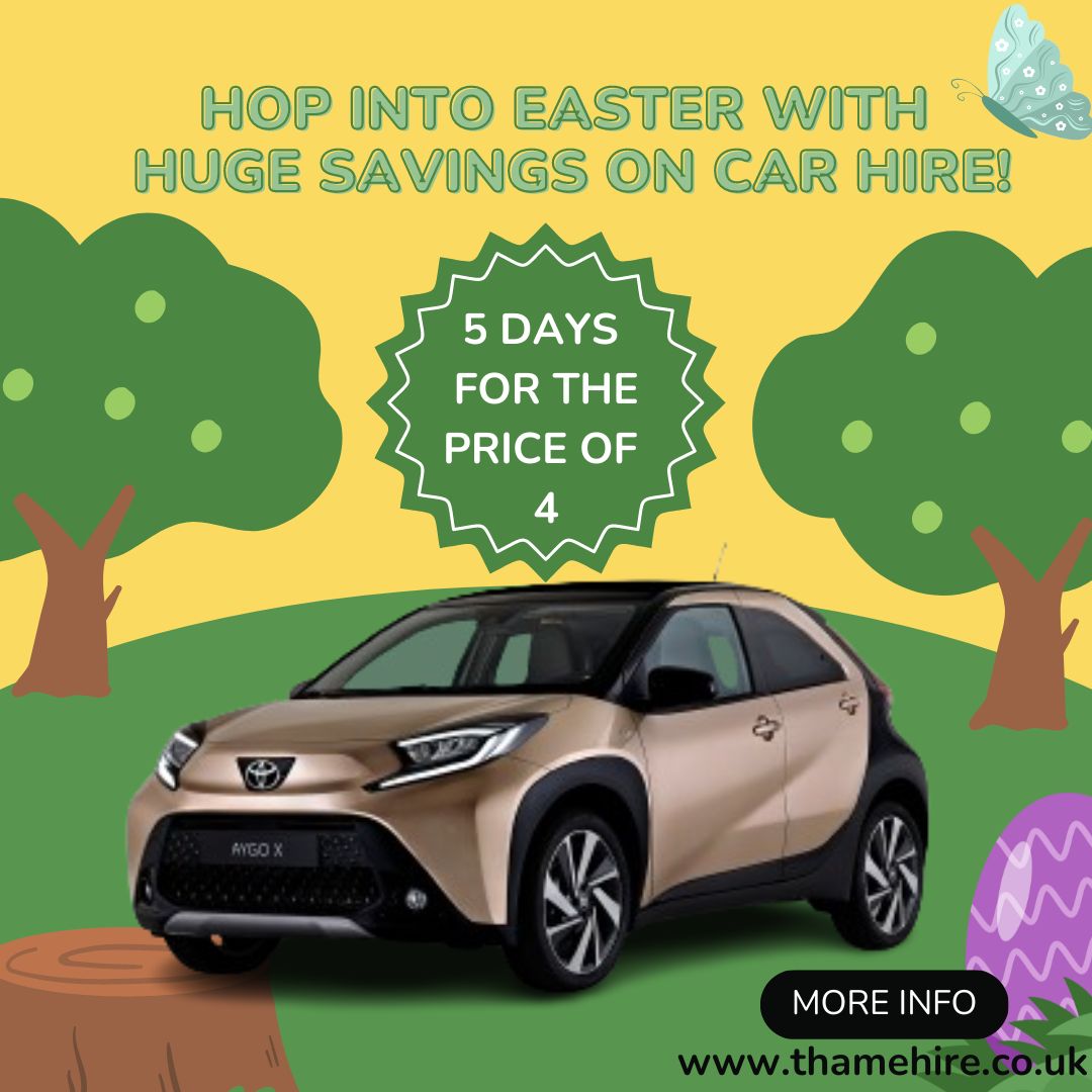 Hop into Easter with Huge Savings on Car Hire 📷 We're offering 𝟓 𝐝𝐚𝐲𝐬 𝐟𝐨𝐫 𝐭𝐡𝐞 𝐩𝐫𝐢𝐜𝐞 𝐨𝐟 𝟒 on ALL our vehicles!  Call today 01844393460  
thamecars.co.uk/van-car-hire/ 

#CarHire #rental #oxfordshire