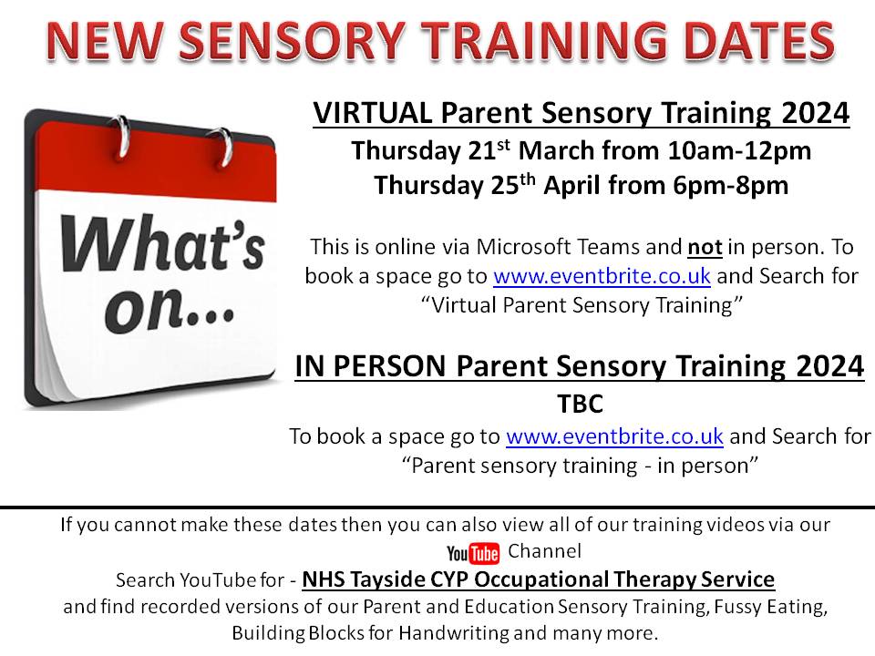 🎉What's on Wednesday🎉 Sensory processing is the way we make sense of the information we receive from our bodies and the environment around us! See below for dates for the upcoming trainings, and how to book on. For more info please visit our website: OTCYP.scot.nhs.uk