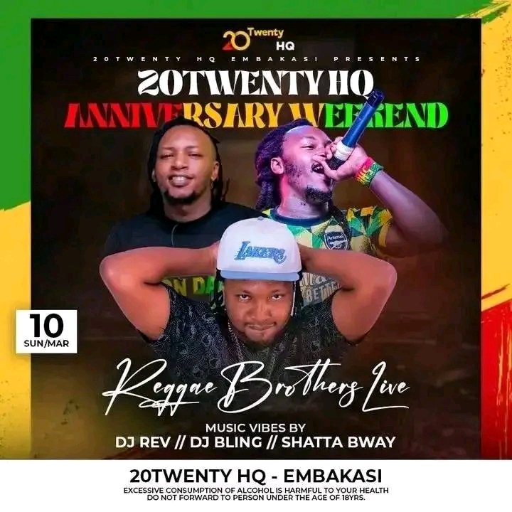 This SUNDAY 10th March... LADIES AND GENTLEMEN WELCOME TO THE NEW #20TwentyHQ ReLaunch and Anniversary Party itakua Noma Sana... Lots of Mbuzi Choma, Kuku Choma, Drinks and Reggae with the #ReggaeBrothers. Tell a friend to a friend JAH BLESS.