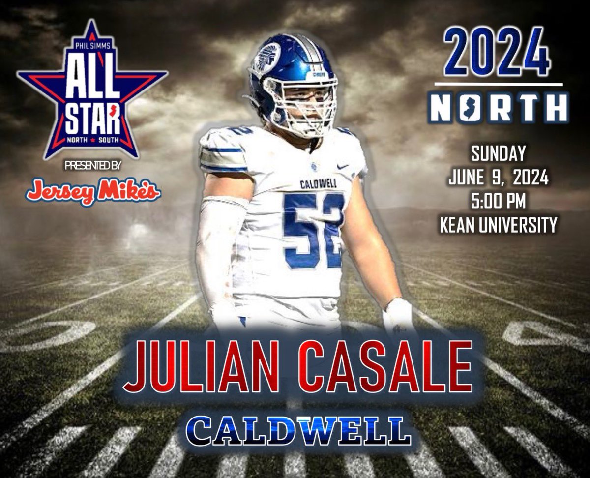 Julian Casale (@_juliancasale) on Twitter photo Extremely excited to announce i’ve been selected to play in the Phil Simms North vs. South All Star Game!!! <a href="/CaldwellFBall/">Caldwell Football</a> <a href="/PSimmsNoSoGame/">Phil Simms North South All-Star</a> <a href="/PhilSimmsQB/">Phil Simms</a> #goNORTH #BEATsouth Extremely excited to announce i’ve been selected to play in the Phil Simms North vs. South All Star Game!!! <a href="/CaldwellFBall/">Caldwell Football</a> <a href="/PSimmsNoSoGame/">Phil Simms North South All-Star</a> <a href="/PhilSimmsQB/">Phil Simms</a> #goNORTH #BEATsouth