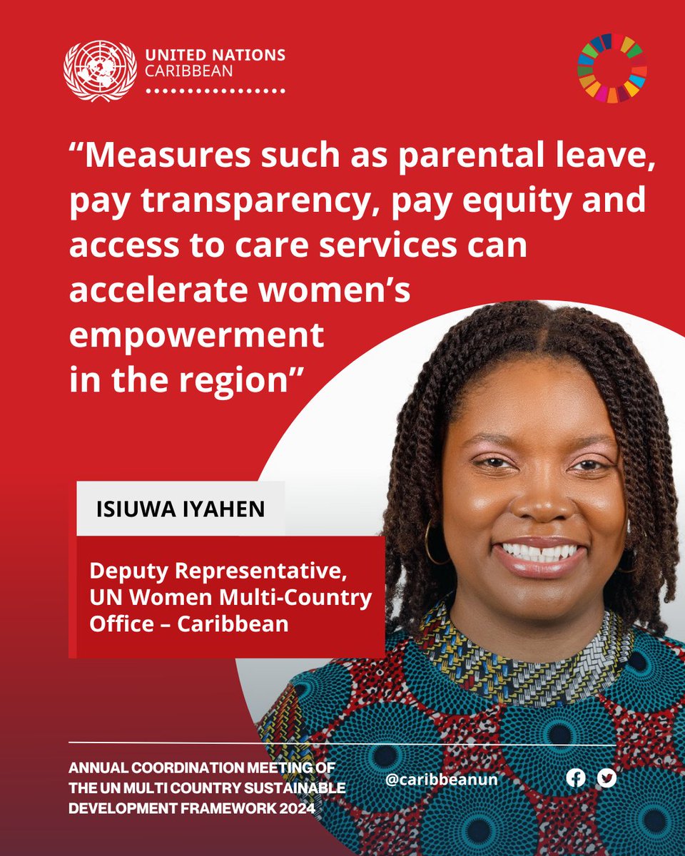 @AlisonvParker @unicefbelize @UN_SDG @unitednationsbz @UNICEFECA @UNICEFJamaica 'Measures such as parental leave, pay transparency, pay equity and access to care services can accelerate women’s empowerment in the region while addressing structural barriers to gender equality,' said Isiuwa Iyahen, Deputy Representative for @unwomencarib. #MSDCF meeting