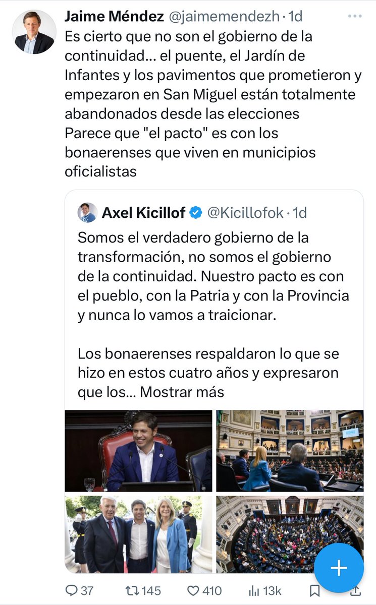 Es el mismo gobernador <a href="/Kicillofok/">Axel Kicillof</a> que en 4 años le dio a San Miguel sin discriminación alguna las siguientes obras:
Cloacas B* Rosa Mística 
Cloacas B* Barrufaldi
Reserva ecológica el Corredor 
Planta cloacal A* Los Berros y red B* Obligado
Centro de salud B* Rosa Mistica
sigue.