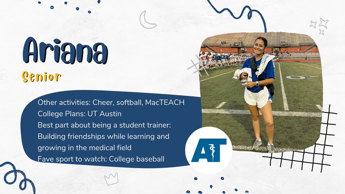 Mac AthleticTraining (@macarthurat) on Twitter photo Within her 3 years with us, Ari has helped with football and girls' basketball when she's not cheering on the sideline. She plans on studying Psychology & eventually getting into med school at UT Austin! #natm2024 <a href="/RealBrahmaPride/">MacArthur HS</a> <a href="/MacBrahmaSports/">Brahma Sports</a> <a href="/NEISD/">North East ISD</a> <a href="/NeisdAthletics/">NEISD ATHLETICS</a> Within her 3 years with us, Ari has helped with football and girls' basketball when she's not cheering on the sideline. She plans on studying Psychology & eventually getting into med school at UT Austin! #natm2024 <a href="/RealBrahmaPride/">MacArthur HS</a> <a href="/MacBrahmaSports/">Brahma Sports</a> <a href="/NEISD/">North East ISD</a> <a href="/NeisdAthletics/">NEISD ATHLETICS</a>