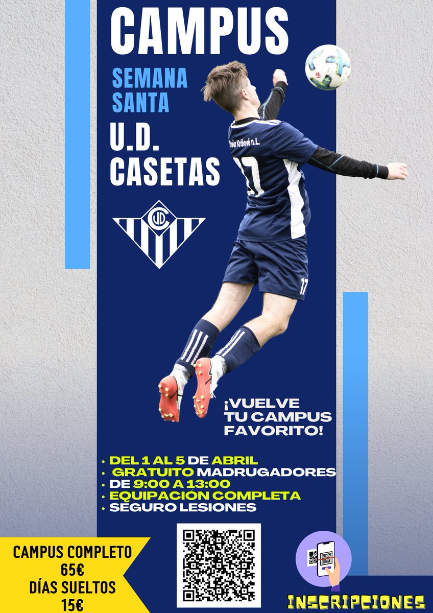 👋🏻 Hola a todos!!
Un año más anunciamos nuestro CAMPUS DE SEMANA SANTA🥅. Del 1 al 5 de Abril, en horario de 9:00 a 13:00 (opcional madrugadores).

👉🏻 Equipación completa
👉🏻 Seguro de lesiones
👉🏻 Hinchables, gyncanas, portero automático, minicompeticiones...
👉🏻 Tecnificación