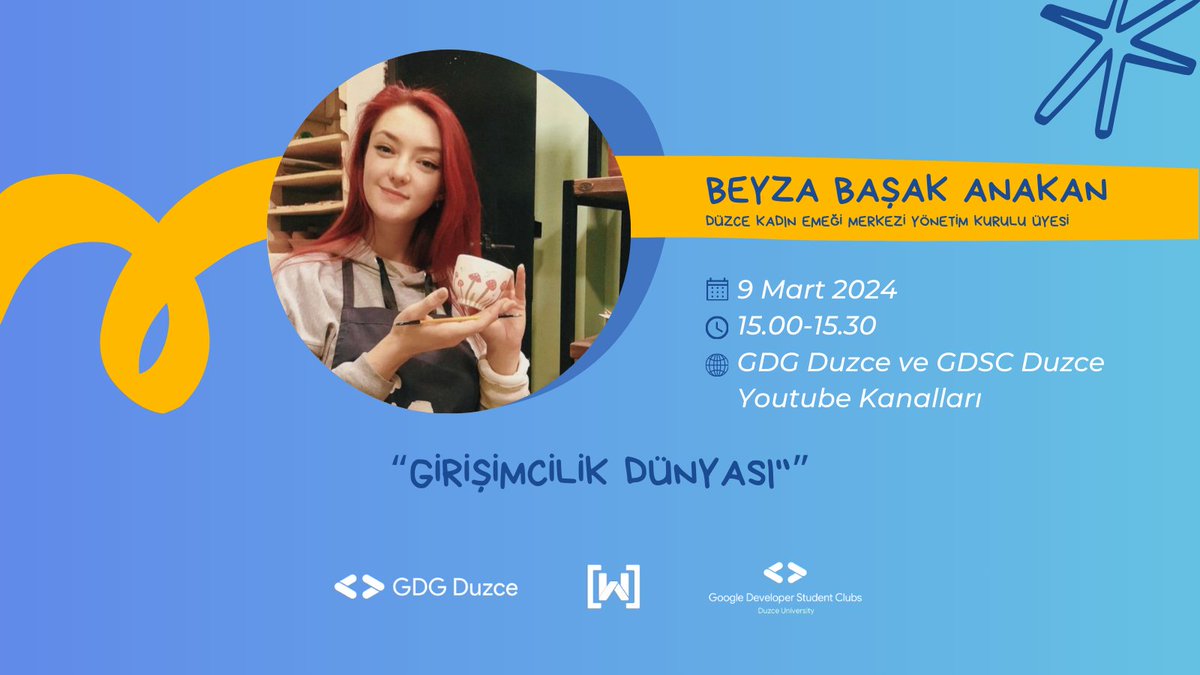 IWD Düzce konuşmacılarımız bir kez daha sizlerle✨
Düzce Kadın Emeği Merkezi Yönetim Kurulu Üyesi olan değerli konuşmacımız Beyza Başak Anakan "Girişimcilik Dünyası" hakkındaki sunumu ile bizlerle olacak🎉

📌 9 Mart GDG ve GDSC Düzce YouTube kanalları
⏰ 12.00-16.00

 #iwd24