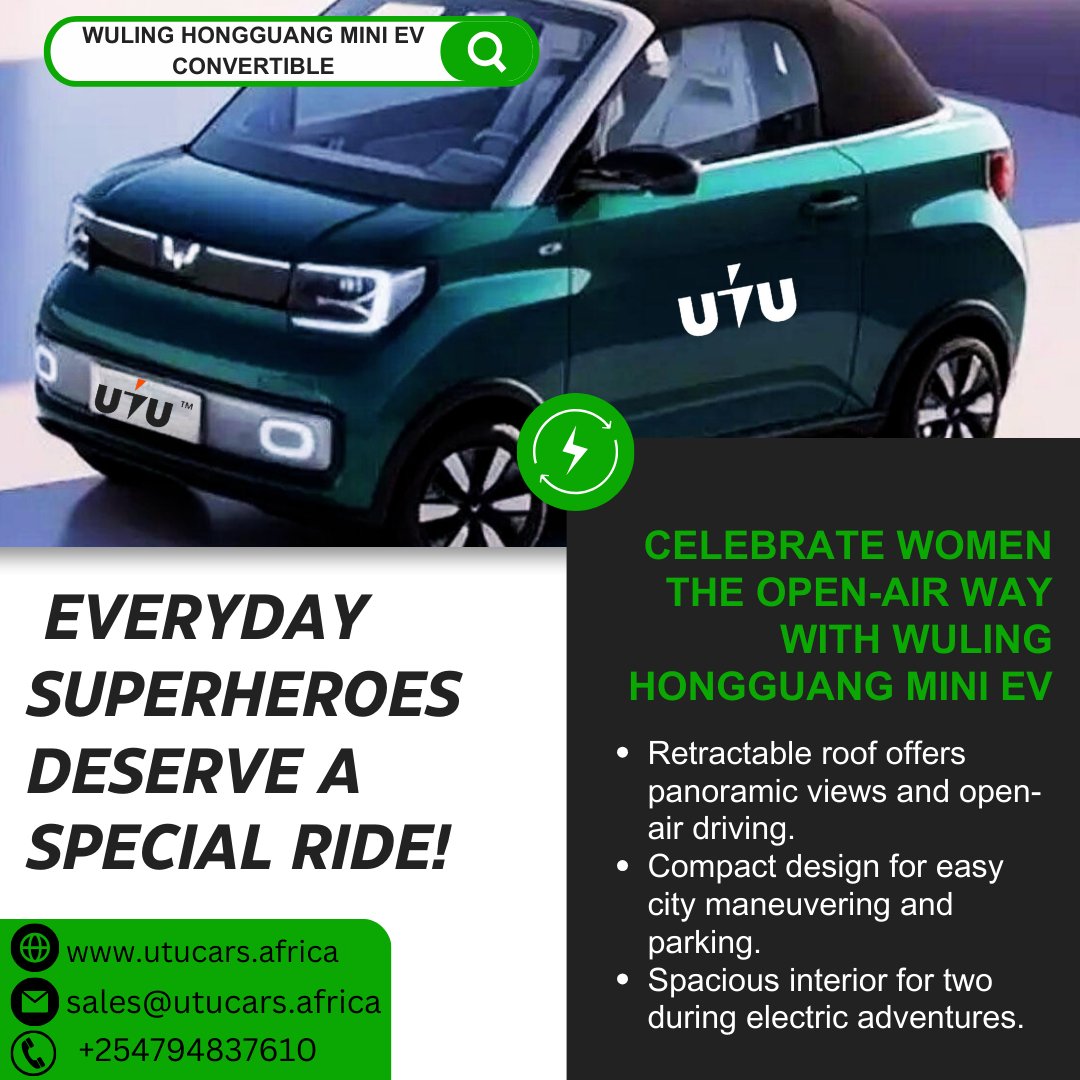 UtuCarsAfrica's tweet image. Open the top, celebrate HER spirit!  This Women's Day, empower the women who inspire you with the Wuling Hongguang Mini EV Convertible. #WomensDay #ElectricFun #OpenAirCruising #KenyaEV #WulingHongguangMiniEVConvertible