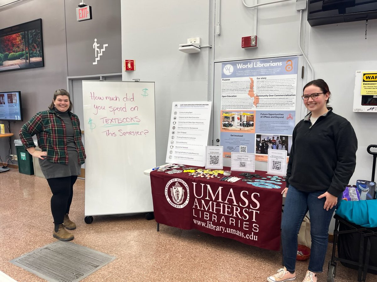 Happening now in the Du Bois Library lobby until noon, and tomorrow 4-6 p.m.: stop by to learn about open education, and how open educational resources (OER) make textbooks and courses more affordable and accessible for students! #OEWeek24