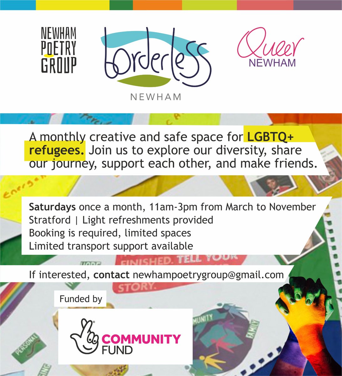Great News for #Newham We are leading #LGBTQrefugees projects -  we'll be gathering on Saturdays once a month. Feel free to share the poster and invite LGBTQ+ friends and allies. #BorderlessGrp Thanks to @TNLComFund
