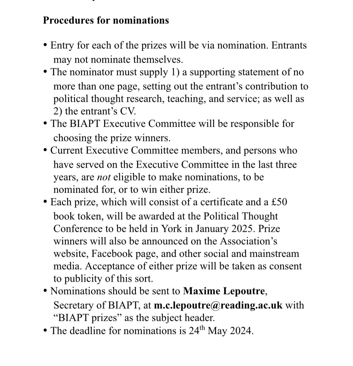 BIAPT is pleased to announce that nominations for its early and mid-career prizes are now open. The deadline is May 24th. Details of the criteria and the procedure for nominating are below 👇