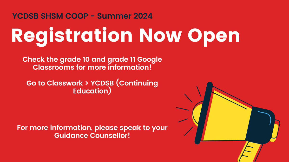 Attn gr 10 and gr 11 @StElizabeth2013 students: SHSM Coop registration is now open! Check your grade level Google Classrooms for more info or go to ce.ycdsb.ca/program/co-ope… @PathwaysYCDSB