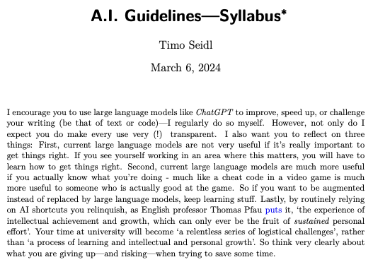 The last two terms I've really started to notice students using generative AI in their assignments—in ways both good and bad. Since all of us who teach should be thinking about this, I thought I'd share my own guidelines, maybe you find them useful. Feedback always welcome!