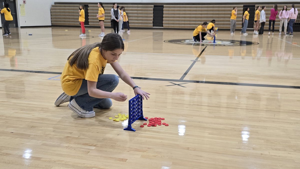 If you make a basket after dribbling around a cone, you get to put a token in your Connect 4 game board! Love hearing the strategy and cheering from the girls! <a href="/CTMSBulldog/">California Trail MS</a> <a href="/CoachStoker8/">Melissa Stoker✝️</a>