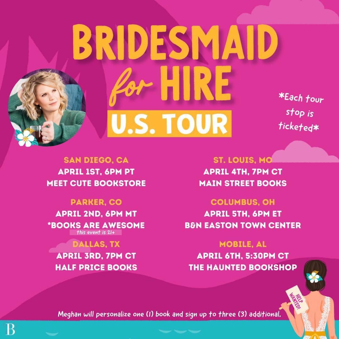 I'm so excited to announce the US Book Tour for BRIDESMAID FOR HIRE! Each tour stop requires the purchase of a ticket to attend and of course each ticket comes with a paperback copy of Bridesmaid for Hire. The link for tickets: bloombooks.com/books/97817282…