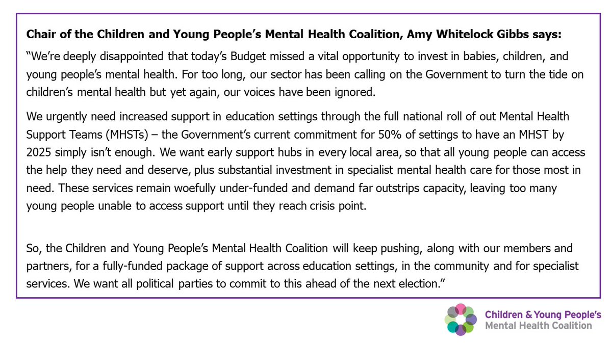 Our Chair @AmyLWGibbs responds to the #Budget2024 and the lack of commitment made on babies, children and young people's mental health ⬇️