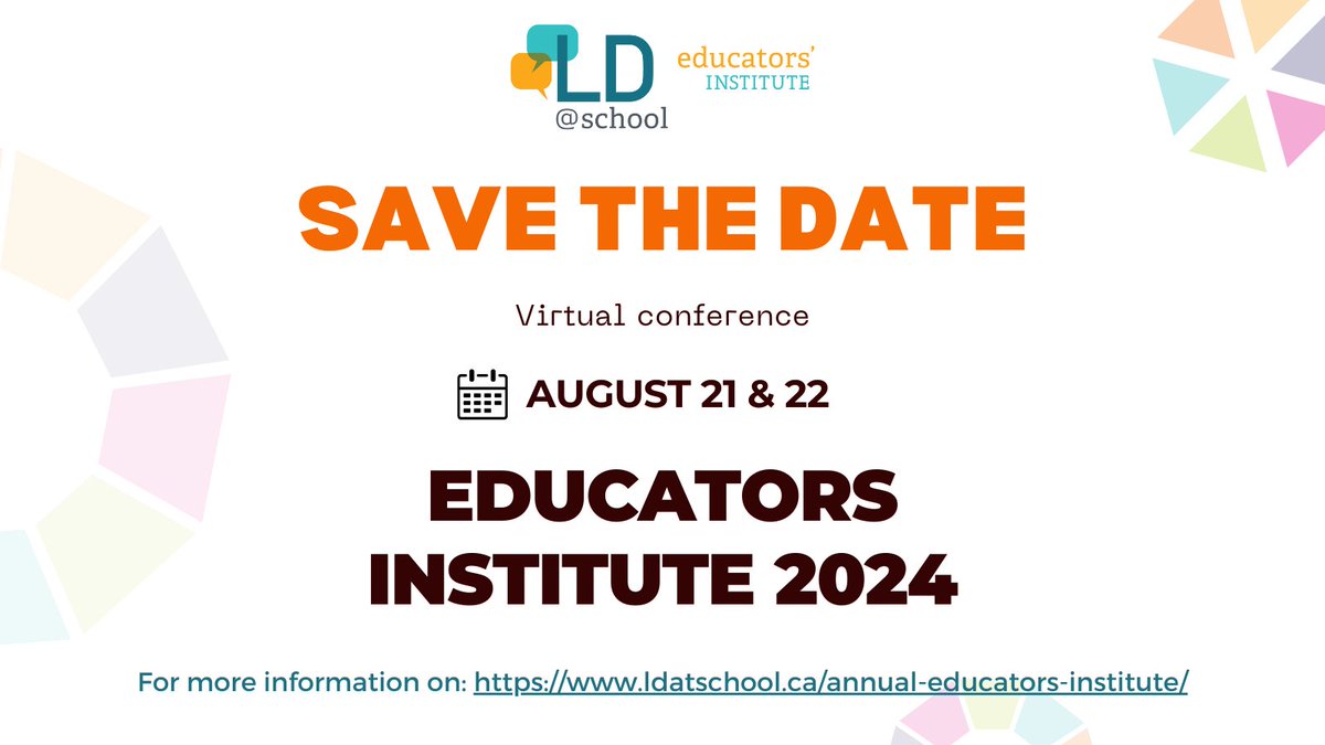 Write it down! This year's #LDInstitute will take place on August 21st &amp; 22nd!
Stay tuned for more info about registration and the program! #Educatorsinstitute #LD