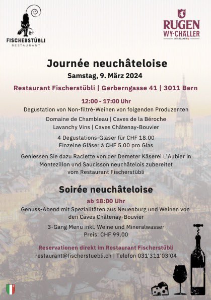 fischerstubli's tweet photo. Journée neuchâteloise
Samstag 9. März 24
Degustation von Non-filtré-Weinen von 12.00 bis 17.00

Produzenten:
Domaine de Chambleau / Caves de la Béroche / Lavanchy Vins / Caves Châtenay-Bouvier

Geniessen Sie dazu Raclette von der Demeter Käserei L’Aubier &amp; Saucisson neuchâtelois https://t.co/IUDQXwkJqg