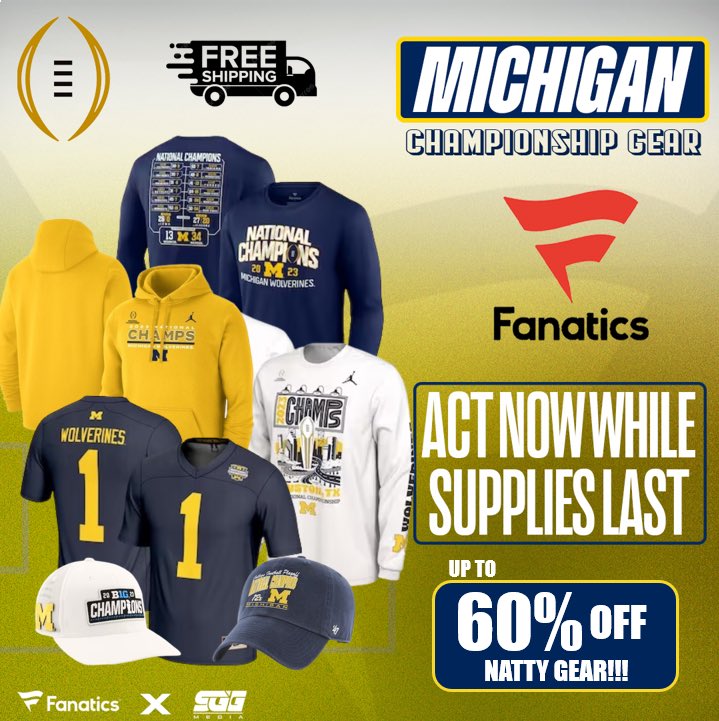 MICHIGAN WOLVERINES NATIONAL CHAMPIONSHIP SALE🏆🏆🏆 MICHIGAN FANS‼️Take advantage of Fanatics exclusive offer and get up to 60% OFF MICHIGAN Natty gear with FREE SHIPPING using THIS PROMO LINK: fanatics.93n6tx.net/MICHIGANCFP 📈 HURRY! DEAL ENDS SOON🤝#GoBlue