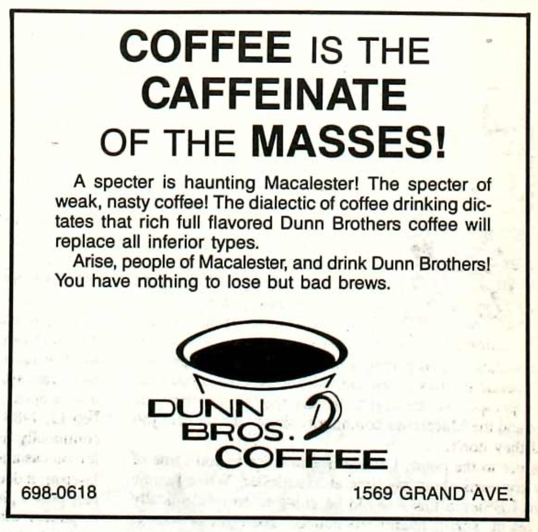 1988 Dunn Bros ad in the Mac Weekly, right after the shop opened