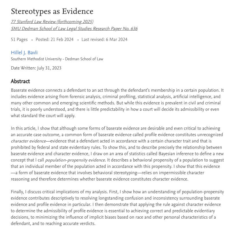Hillel Bavli (@hjbavli) on Twitter photo Excited to share my new article, Stereotypes as Evidence, forthcoming in <a href="/StanLRev/">Stanford Law Review</a>. A draft is now up on SSRN: ssrn.com/abstract=47342…. Comments much appreciated! Excited to share my new article, Stereotypes as Evidence, forthcoming in <a href="/StanLRev/">Stanford Law Review</a>. A draft is now up on SSRN: ssrn.com/abstract=47342…. Comments much appreciated!