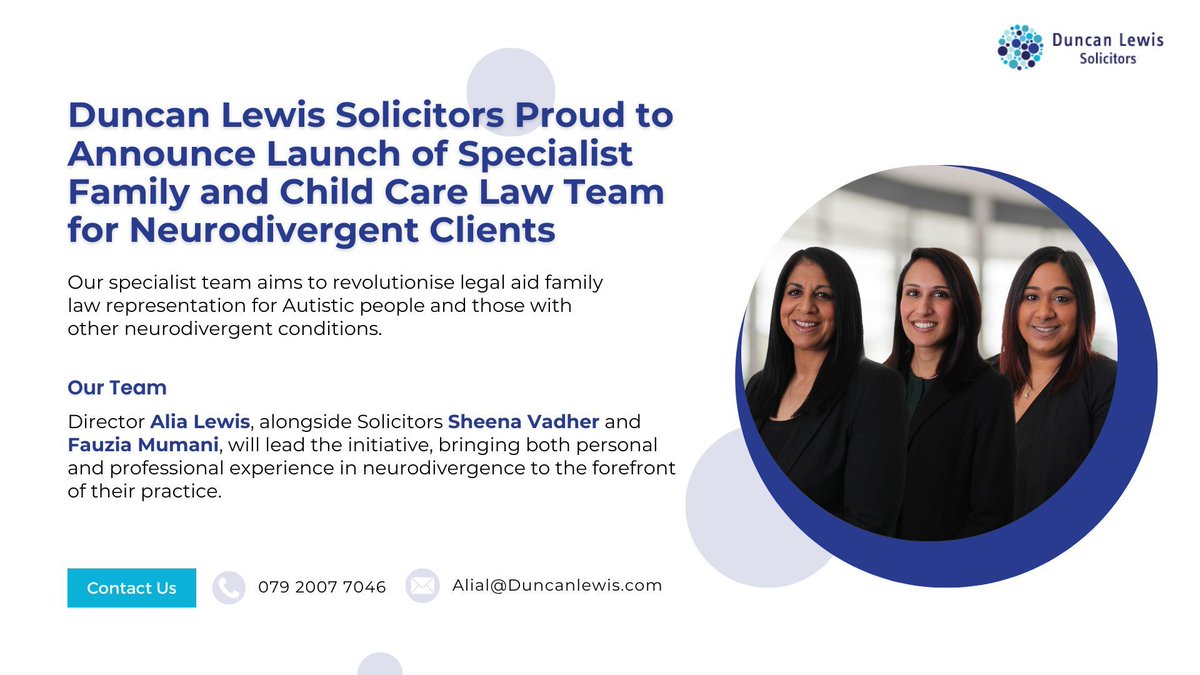 Duncan Lewis Solicitors is thrilled to announce the launch of a ground-breaking new team of Family and Child Care Law Solicitors specialising in representing neurodivergent individuals and their families 👏 

Find out more about our specialist team ⬇️