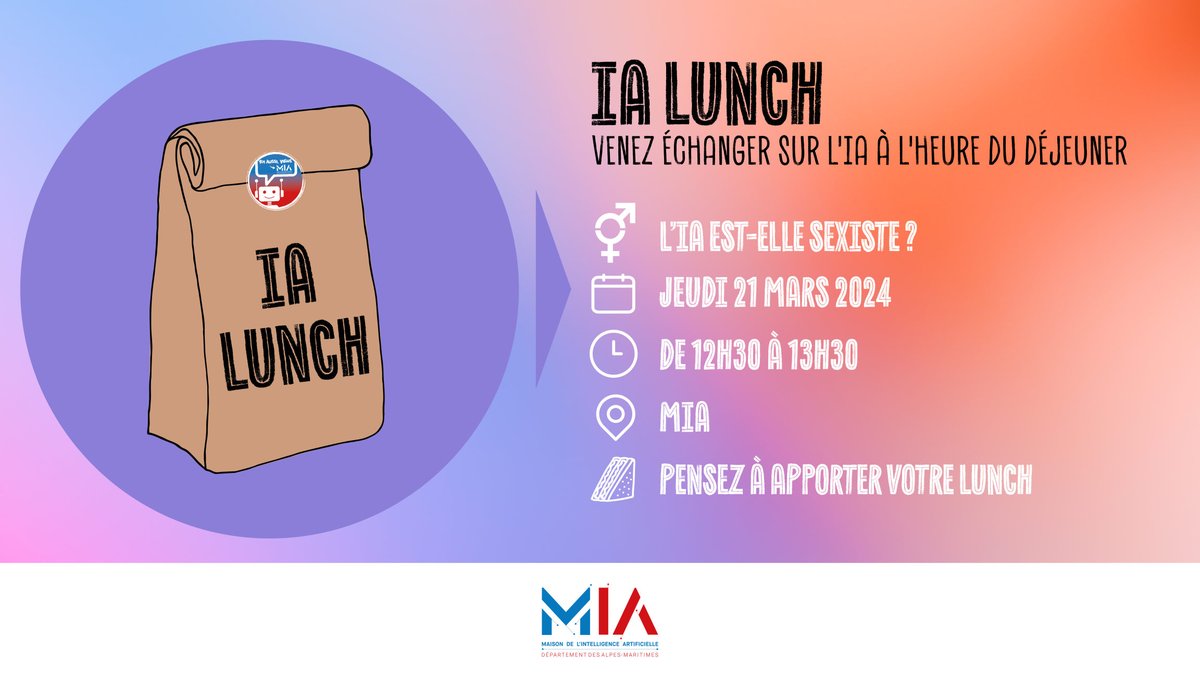 Maison_IA's tweet photo. [#IALUNCH] L’IA EST-ELLE SEXISTE ?🤔

📅Jeudi 21/03
🕓12h30 à 13h30
📍MIA #SophiaAntipolis

➡Avec l’intervention de @netgoldfish, directrice de la @Maison_IA
👥Ouverts à tous, en particulier aux non-experts #IA
🥪Venez avec votre déjeuner

🎟Gratuit https://t.co/LqWZwpR9RW https://t.co/2C1Um3rU6g