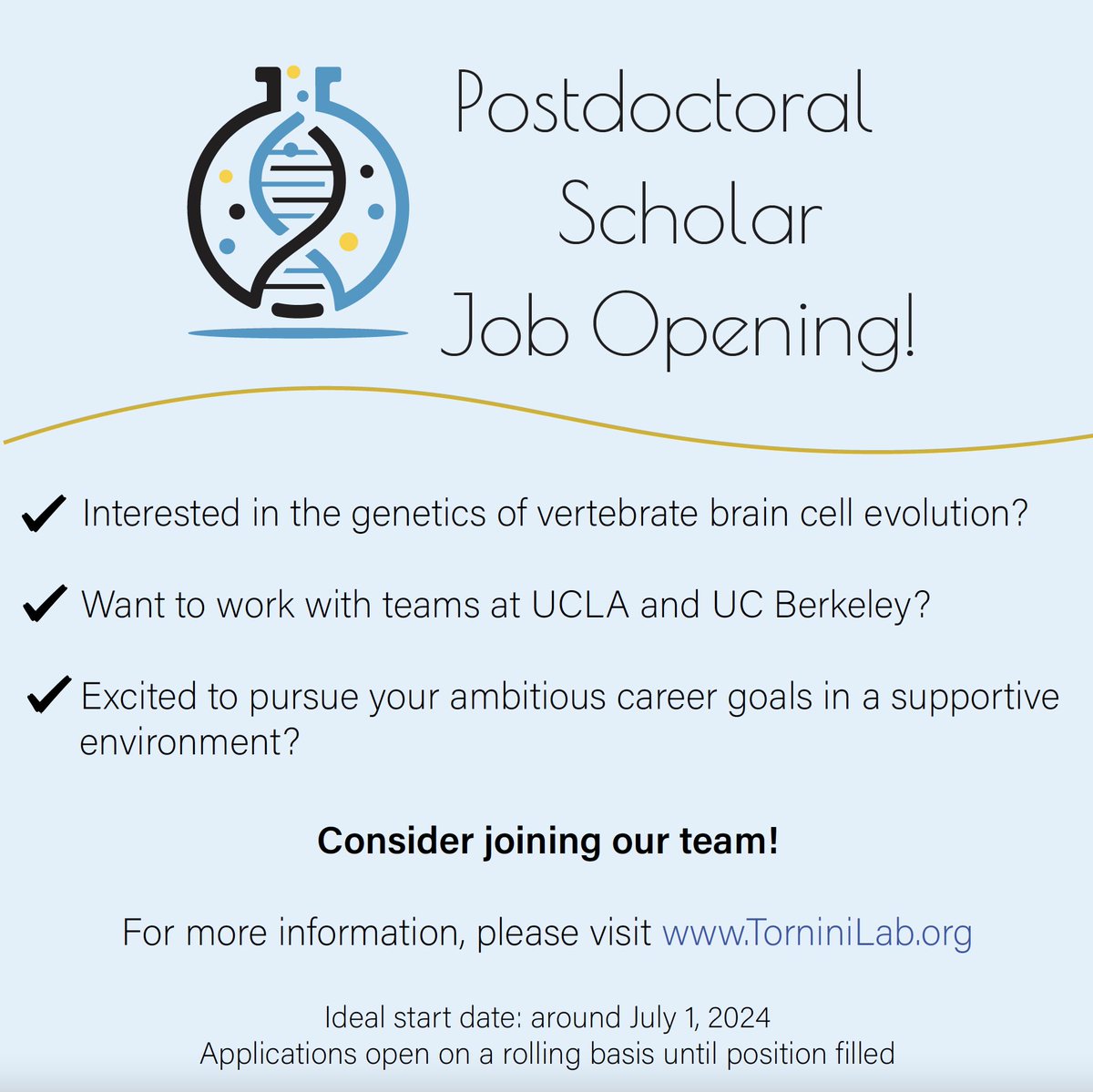 Our lab is actively recruiting a #postdoc to work with #zebrafish & sea #lamprey on the #genetics of vertebrate brain cell evolution! Based at UCLA, collaboration w/UC Berkeley. Job Description & Application Details available at TorniniLab.org. Reach out w/inquiries!