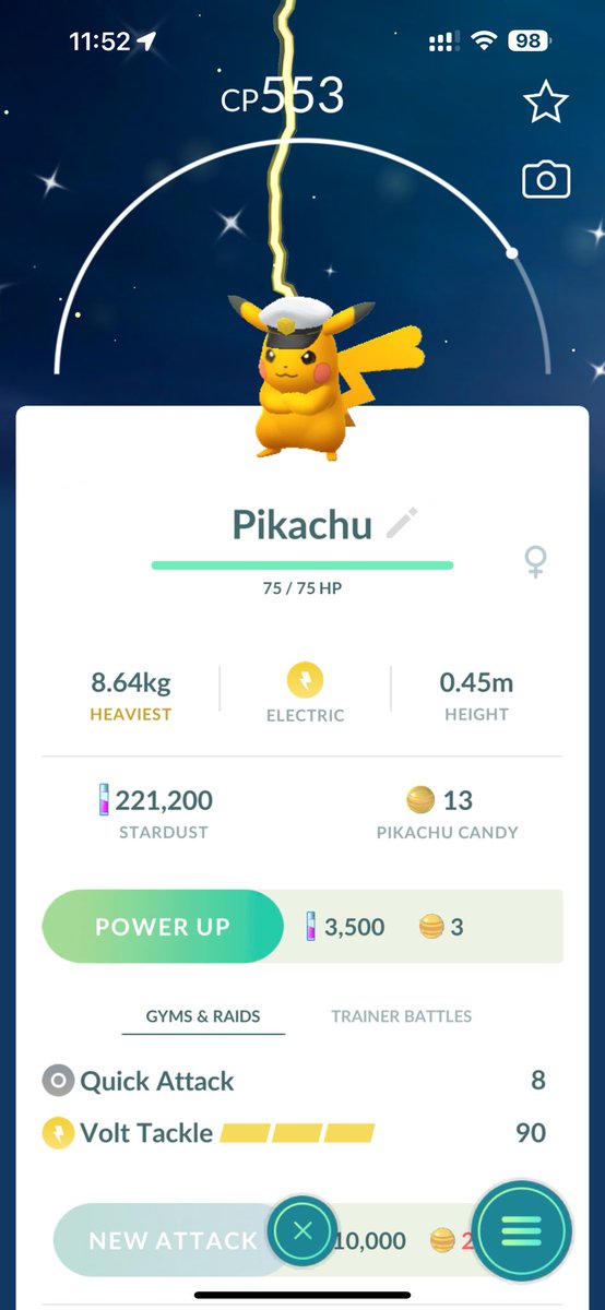 lanbaluyot's tweet photo. @ItsFleeceKing Don’t know what the odds are but am a returning Pokémon Go player who just bought an auto-catcher. Went for a drive yesterday morning and bam 💥, shiny captain hat Pikachu’s there alongside 2 others. 🤓🍀 https://t.co/eRTLAhTpKN