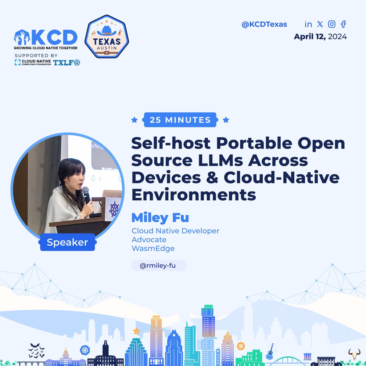 🚀 Miley Fu, Founding member at CNCF WasmEdge, presents at KCD Texas! 🌟

🔗 buff.ly/3UQsqQd 

Unlock the potential of open-source LLMs with CNCF's WasmEdge. 

#KCDAustin #WasmEdge #OpenSource #CNCF #KCDTexas