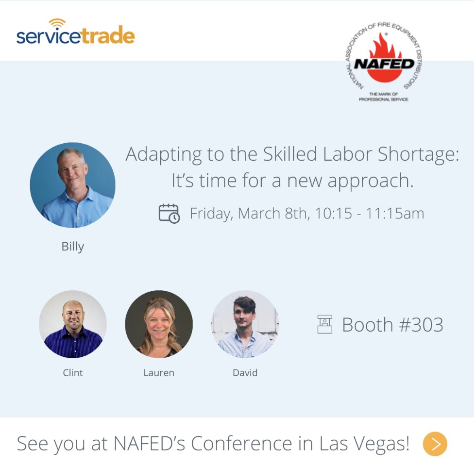 Tomorrow we're off to Las Vegas for #NAFED! Don't miss Billy Marshall's talk on March 8th at 10:15 am on navigating the skilled labor shortage. Also make sure that you stop by Booth 303 to learn how ServiceTrade is here to help. 

#fireinspection #fireprotection #skilledlabor