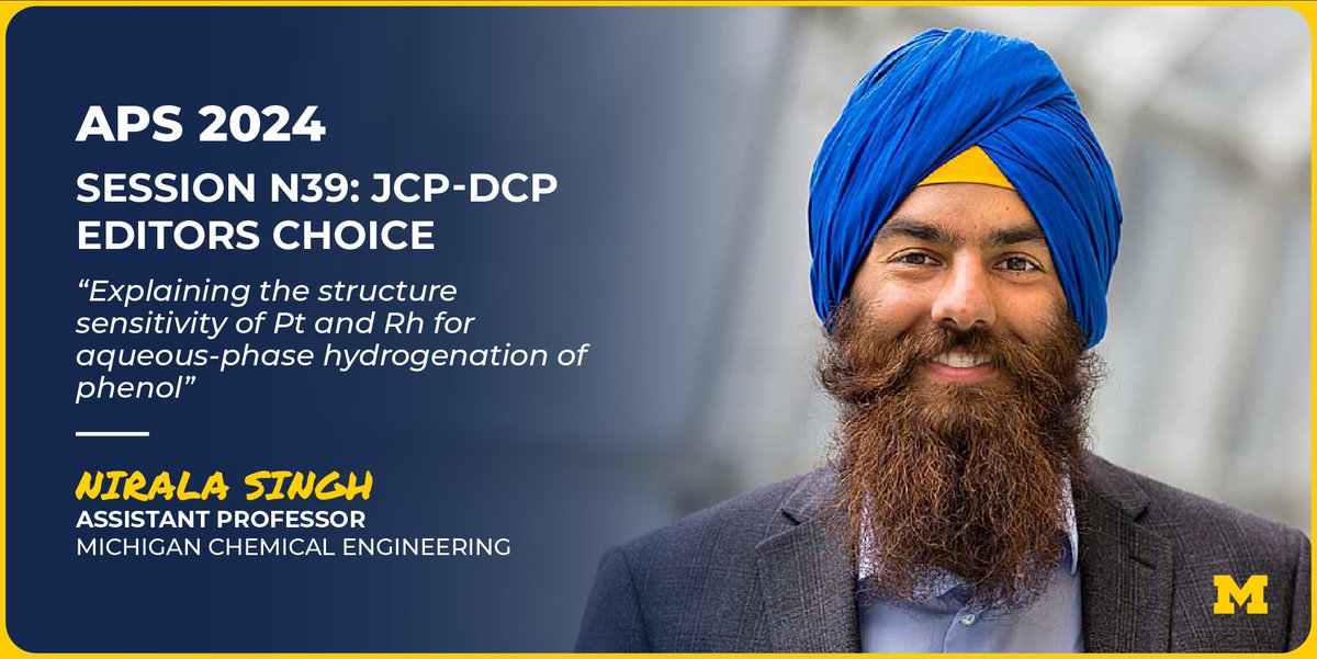 Today at the @APSMeetings at 1:18 pm in room 103E Asst. Prof. <a href="/SinghLab_UMich/">Singh Lab</a> will present, "Explaining the structure sensitivity of Pt and Rh for aqueous-phase hydrogenation of phenol" as part of the JCP-DCP Editors Choice Session.

Learn more: michiganche.info/49VKbBH