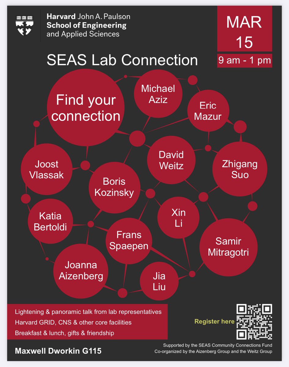 Aizenberg Lab (@aizenberglab) on Twitter photo Join us in person next week to learn about the work from various research groups <a href="/hseas/">Harvard SEAS</a>! Make new friends and lab connections, together with breakfast and lunch!
<a href="/zhigangsuo/">Zhigang Suo</a> <a href="/Materials_Intel/">Materials Intelligence Research @ Harvard</a> <a href="/ganoopyliujia/">Jia Liu</a> <a href="/SMitragotri/">Samir Mitragotri</a> <a href="/JenniferALewis1/">Jennifer A. Lewis</a> <a href="/TheAzizLab/">Aziz Lab</a> Join us in person next week to learn about the work from various research groups <a href="/hseas/">Harvard SEAS</a>! Make new friends and lab connections, together with breakfast and lunch!
<a href="/zhigangsuo/">Zhigang Suo</a> <a href="/Materials_Intel/">Materials Intelligence Research @ Harvard</a> <a href="/ganoopyliujia/">Jia Liu</a> <a href="/SMitragotri/">Samir Mitragotri</a> <a href="/JenniferALewis1/">Jennifer A. Lewis</a> <a href="/TheAzizLab/">Aziz Lab</a>
