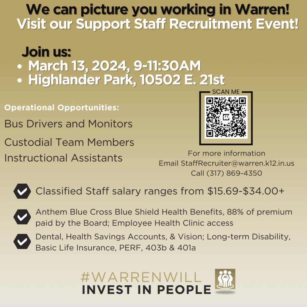 MSD of Warren Township will host a Hiring Event on Wednesday, March 13, 2024, at Highlander Park(10502 E 21st St) from 9:00 AM-11:30 AM. Don't miss this awesome opportunity. #WarrenWill <a href="/Warren_Adult_Ed/">Warren Twp Adult Ed</a> @MSDWarren#IAACE
