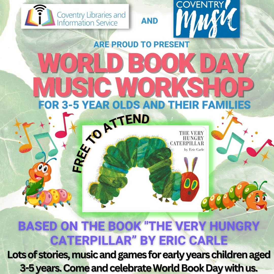 Tomorrow is World Book Day 2024. Join us at this fun workshop at Allesley Library based on our favourite book. Free to attend & suitable for Early years children & their families. Please come along and join us. No need to book. #CoventryMusic #WorldBookDay2024 #EarlyYearsProject