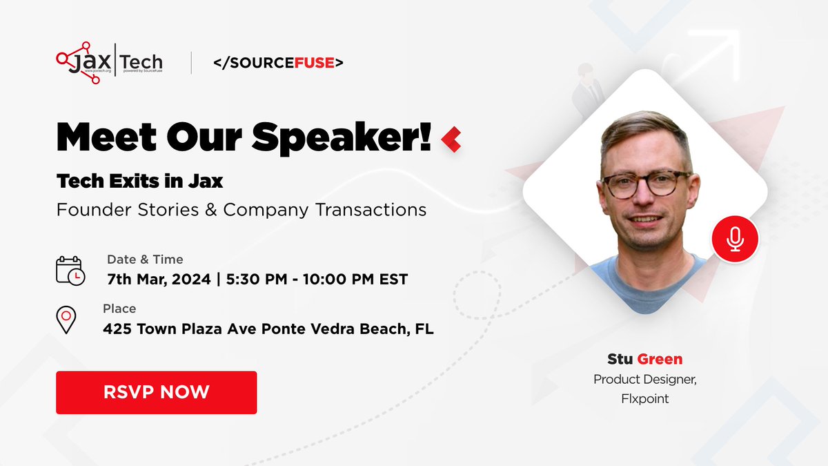 SourceFuse's tweet image. [7th Mar]: 1 Day To Go! Successful entrepreneurs will share their experiences, &amp;amp; lessons learned from building their companies to the point of a sale or transaction in our next #JaxTech. Don&apos;t miss out - RSVP NOW: hubs.ly/Q02nnGYL0
